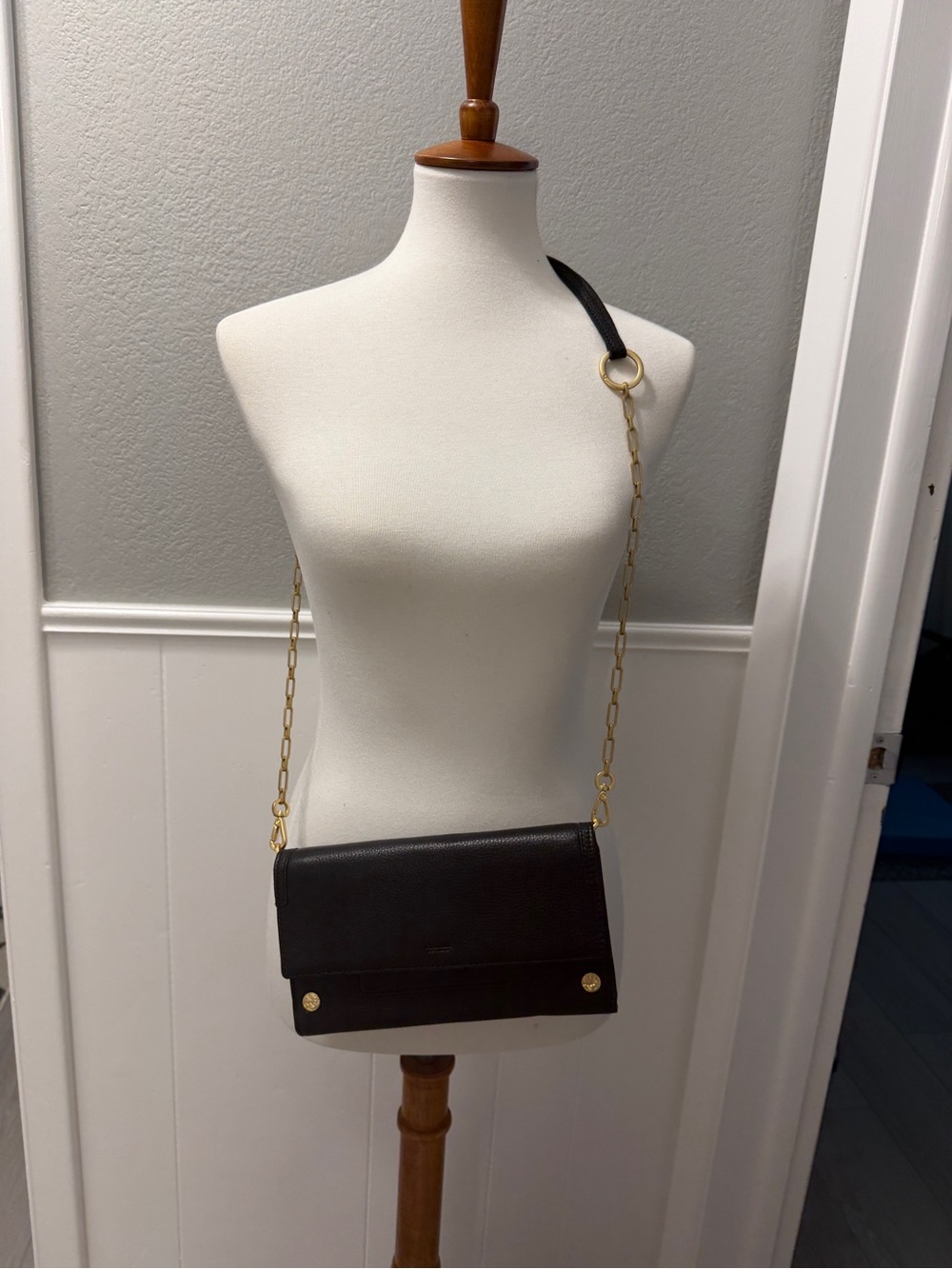 Hammitt AJ Black Leather Crossbody Clutch with Gold Chain Strap